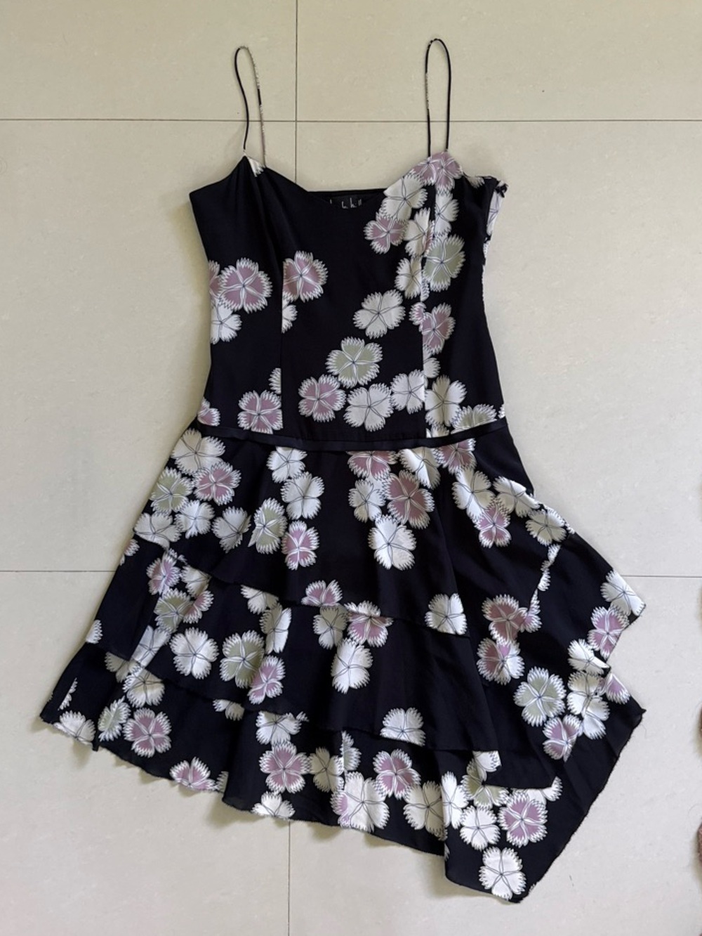 Nicole Miller Collection Black Silk Midi Dress with Floral Pattern